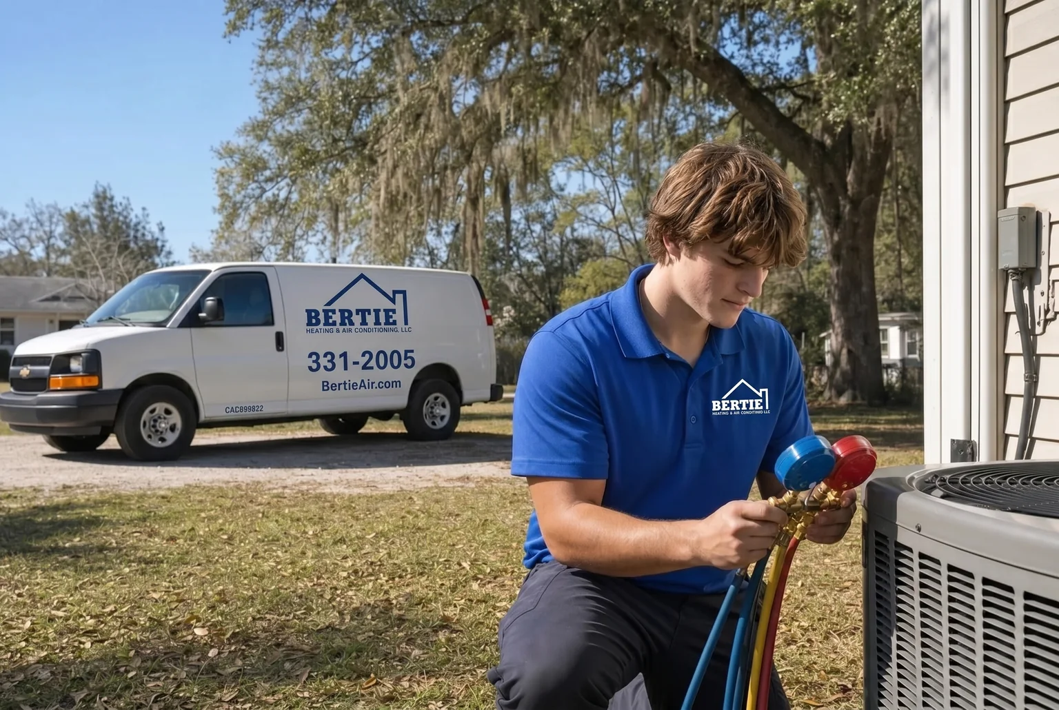 Bertie Air technician servicing a residential AC unit beside a Gainesville home