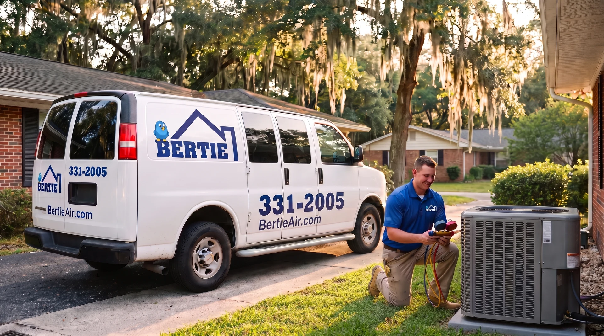 A Bertie Air technician servicing an outdoor AC unit beside a branded service van at a Gainesville home