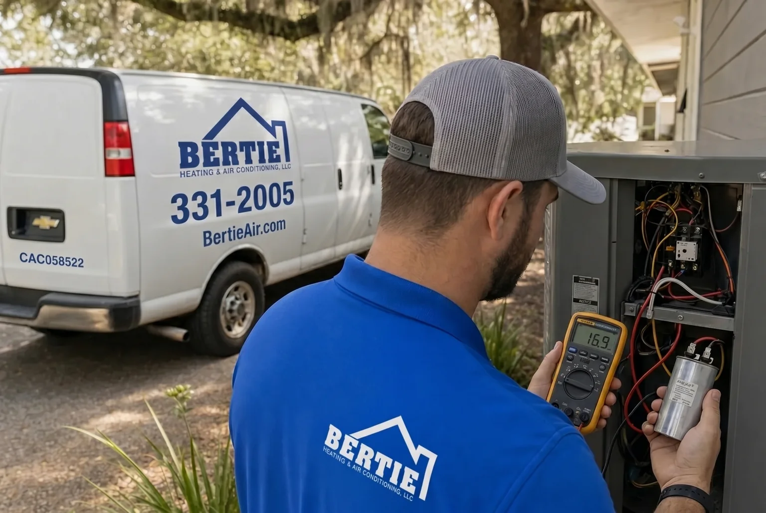 Bertie Air technicians diagnosing an AC system