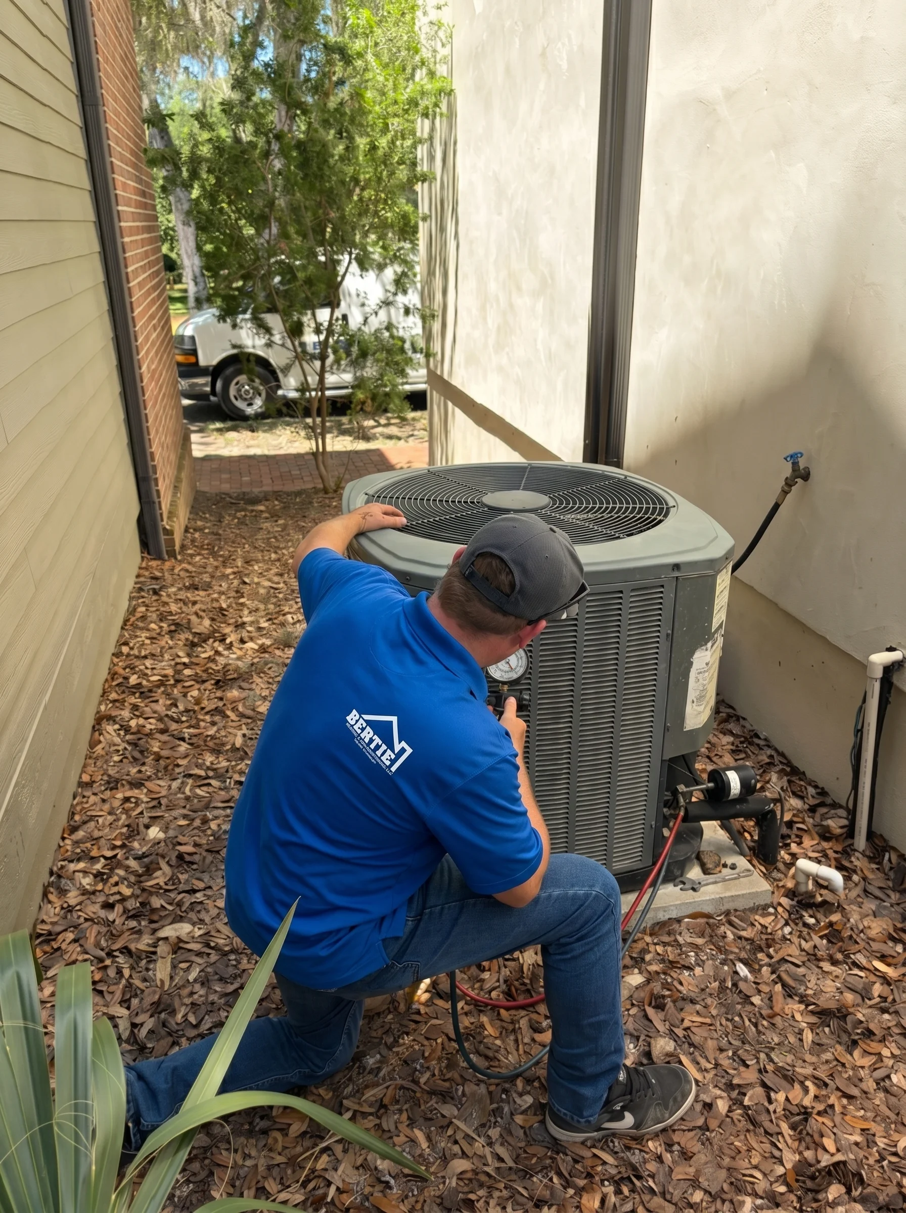 A Bertie Air technician servicing an outdoor AC unit in Gainesville